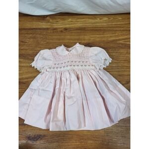 Vintage Baby Togs Smocked Baby Dress Pink Eyelet Pink Ribbon Heirloom 12 Months